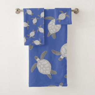 Nautical Coastal Silver Grey Sea Turtle Blue Bath Bath Towel Set