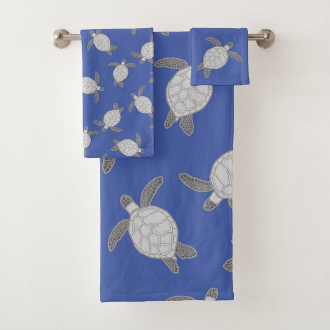  Nautical Coastal Silver Grey Sea Turtle Blue Bath Bath Towel Set (Insitu)