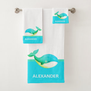 Nautical Coastal Teal Blue Green White Whale Bath Towel Set