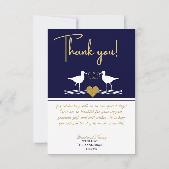 Nautical Coastal Wedding Navy Blue Sandpipers  Tha Thank You Card (Front)