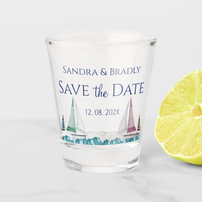 Nautical Coastal Wedding Save The Date Sail Boats Shot Glass (Front)