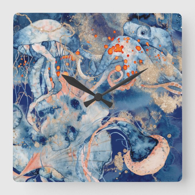 Nautical collage octopus jelly fish navy orange square wall clock (Front)