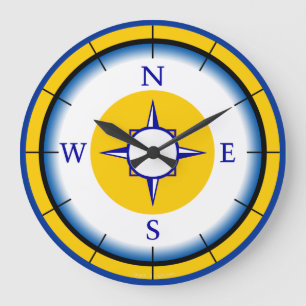 Nautical Compas Blue, White, Gold Wall Clock