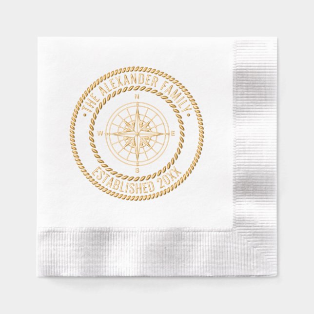 Nautical Compass #3 Family Name Date Estd Rope Frm Foil Napkins (Front)