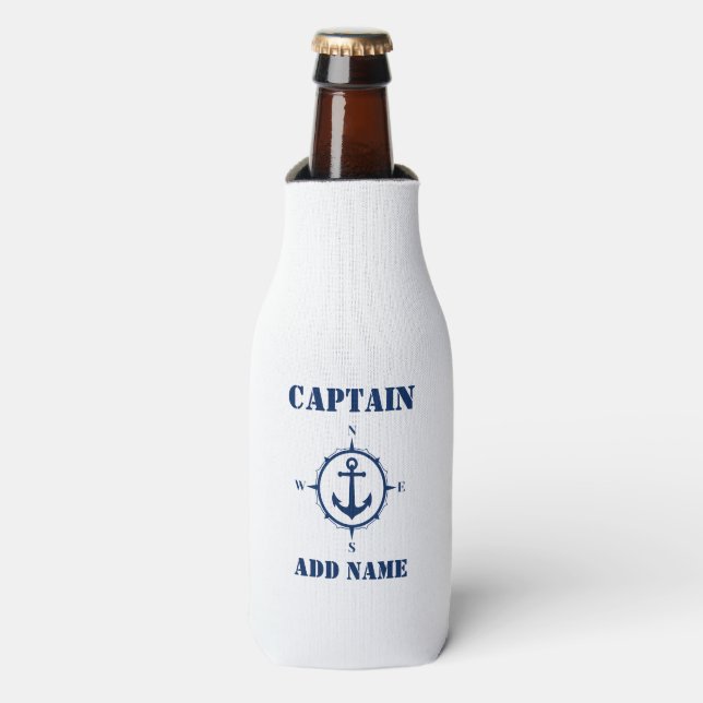 Nautical Compass Anchor Captain Add Boat or Name Bottle Cooler (Bottle Front)