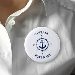 Nautical Compass Anchor Captain Boat Name Navy 2 Inch Round Button<br><div class="desc">Navy Blue Nautical Compass Anchor and Your Personalized Boat Name and Customizable Captain Rank Button.</div>