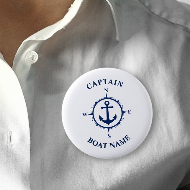 Nautical Compass Anchor Captain Boat Name Navy 2 Inch Round Button (Several sizes and shapes to choose from.)