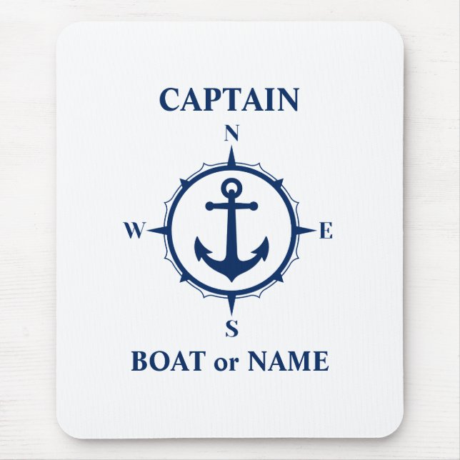 Nautical Compass Anchor Captain or Boat Name Navy Mouse Pad (Front)