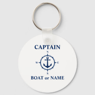 Nautical Compass Anchor Captain or Boat Name White Keychain