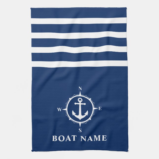 Nautical Compass Anchor Your Boat Name Navy Blue Kitchen Towel (Vertical)