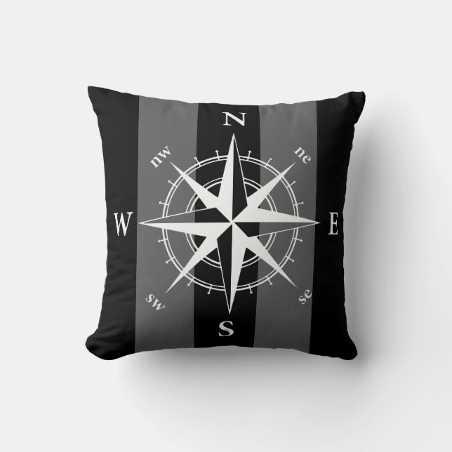 Nautical compass black white vertical strips throw pillow (Front)