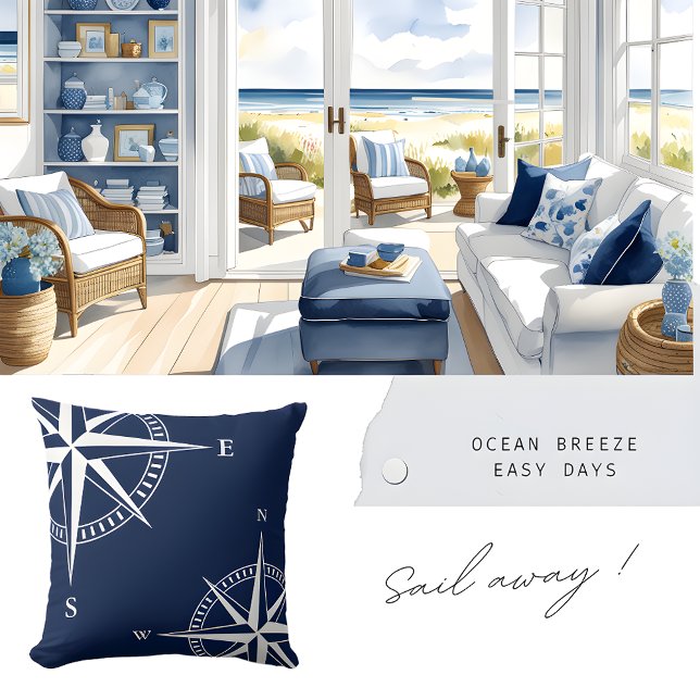 Nautical Compass – Blue & White Coastal Home Throw Pillow (Creator Uploaded)