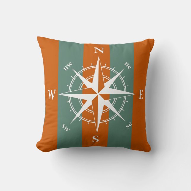 Nautical compass burnt orange avocado green strips throw pillow (Front)
