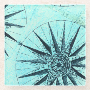Nautical compass cool blue glass coaster