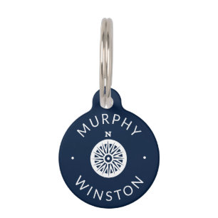 Nautical compass custom name Info navy blue white Pet Tag