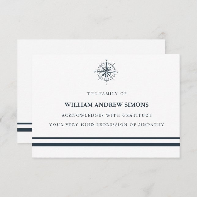 Nautical Compass Funeral Sympathy Thank You Invitation (Front/Back)
