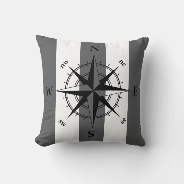 Nautical compass grey white vertical strips throw pillow (Front)