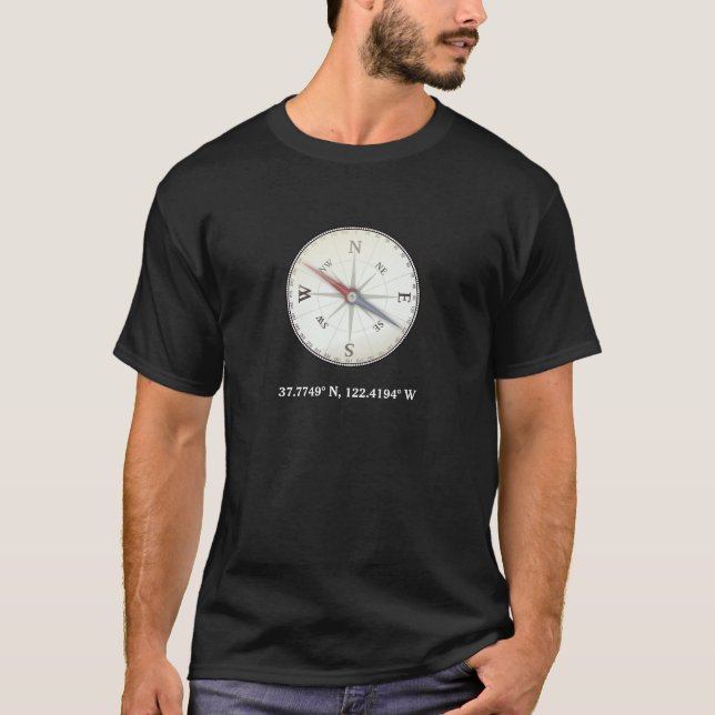 Nautical Compass, Latitude Longitude coordinates T-Shirt (Front)