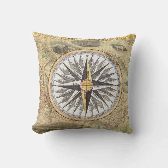Nautical Compass Map Throw Pillow (Front)