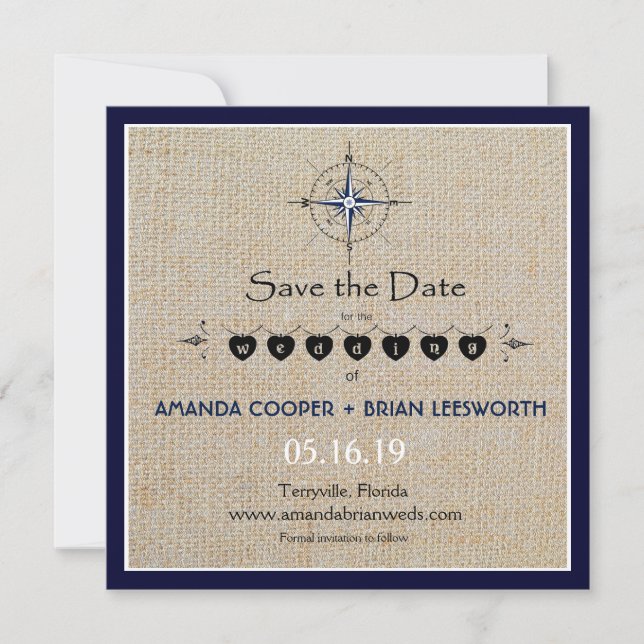 Nautical Compass/Navy Beach Wedding Save The Date (Front)