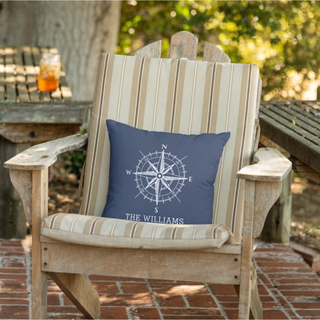 Nautical Compass Navy Blue Personalized Outdoor Pillow (Chair)