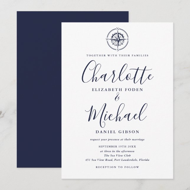 Nautical Compass Navy Blue Script Wedding Invitation (Front/Back)