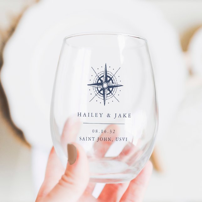 Nautical Compass Personalized Wedding Favour Stemless Wine Glass (Creator Uploaded)