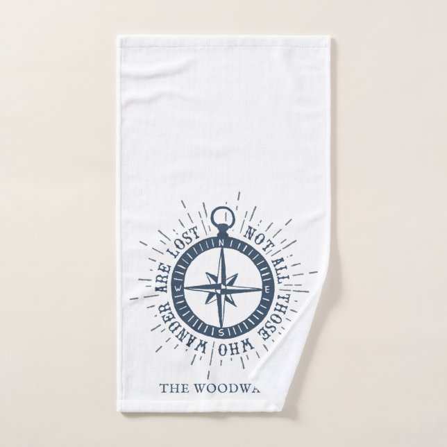 Nautical Compass & Quote Personalized Family Name  Bath Towel Set (Hand Towel)