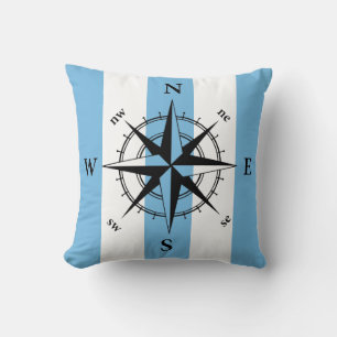 Nautical compass retro blue vertical strips throw pillow