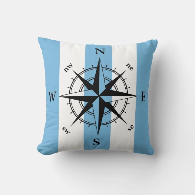 Nautical compass retro blue vertical strips throw pillow (Front)