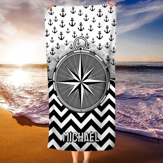 Nautical Compass Rose Anchors Black White Chevron Beach Towel (Creator Uploaded)