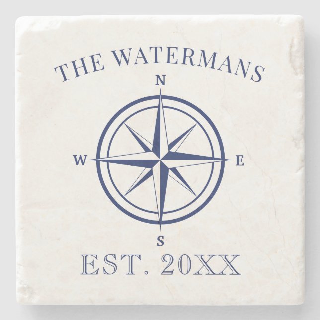 Nautical Compass Rose Navy Blue Family Name Stone Coaster (Front)