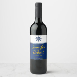 Nautical Compass Rose Navy Yellow Wine Label