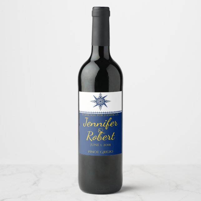 Nautical Compass Rose Navy Yellow Wine Label (Front)