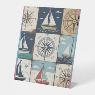 Nautical Compass Rose & Sailboat Collage  Pedestal Sign