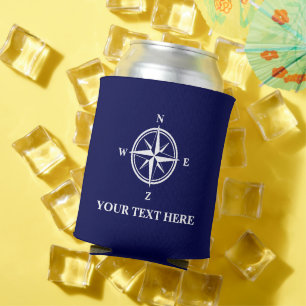 Nautical compass star navy blue and white custom can cooler