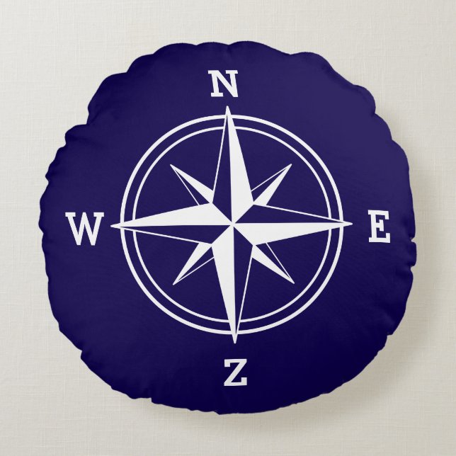 Nautical compass star navy blue round pillow (Front)
