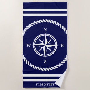 Nautical compass star rose navy blue and white beach towel