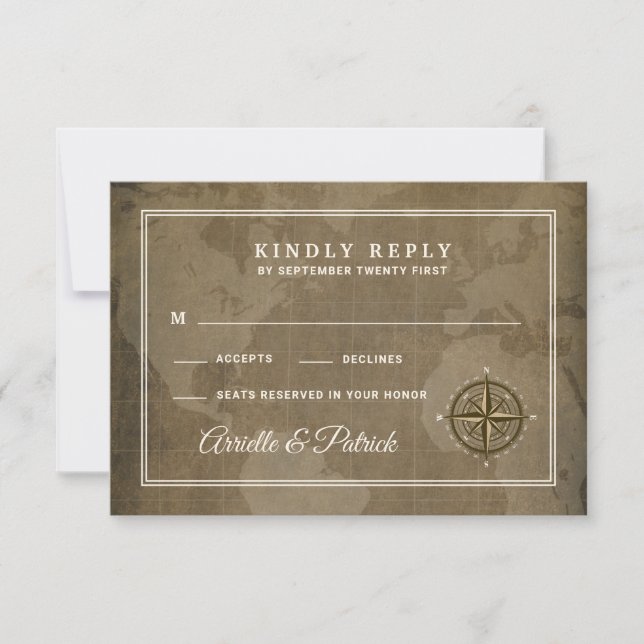 Nautical Compass Vintage Globe Wedding RSVP Cards (Front)