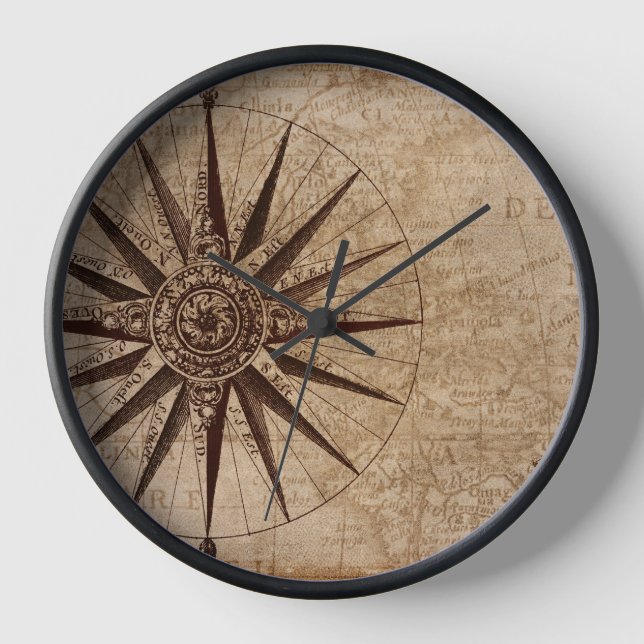 Nautical Compass Vintage Map Travel  Clock (Front)