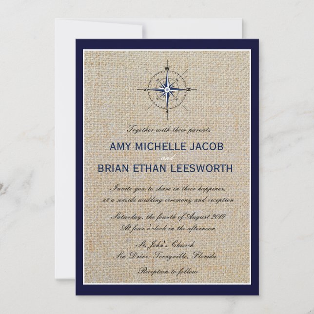 Nautical Compass/Yacht Club Navy Beach Wedding Invitation (Front)