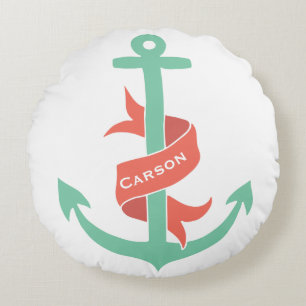 Nautical Coral Mint Personalize Take the Helm Mate Round Pillow