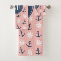 Nautical coral navy blue anchor and wheel pattern