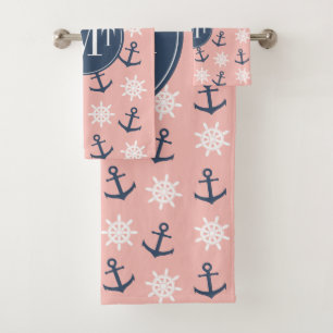 Nautical coral navy blue anchor and wheel pattern bath towel set
