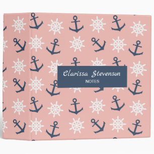 Nautical coral navy blue anchor and wheel pattern binder