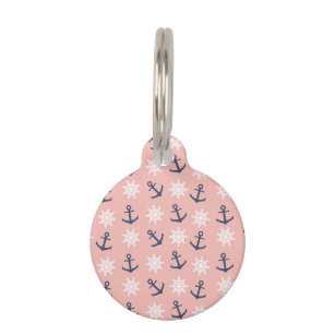 Nautical coral navy blue anchor and wheel pattern pet tag