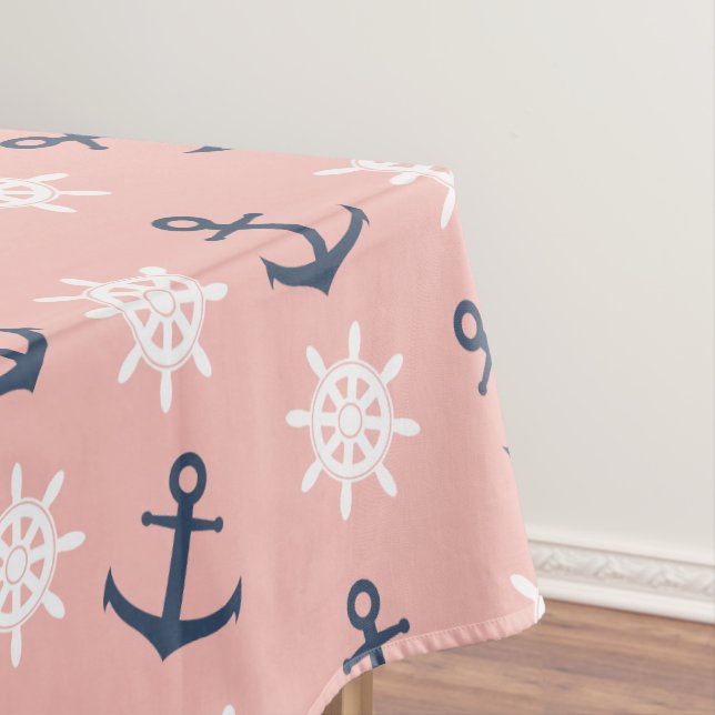 Nautical coral navy blue anchor and wheel pattern tablecloth (In Situ)