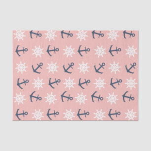 Nautical coral navy blue anchor and wheel pattern tissue paper