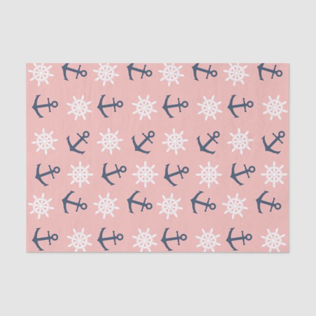 Nautical coral navy blue anchor and wheel pattern tissue paper (Front)
