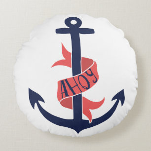 Nautical Coral Orange Navy Take the Helm Mate! Round Pillow